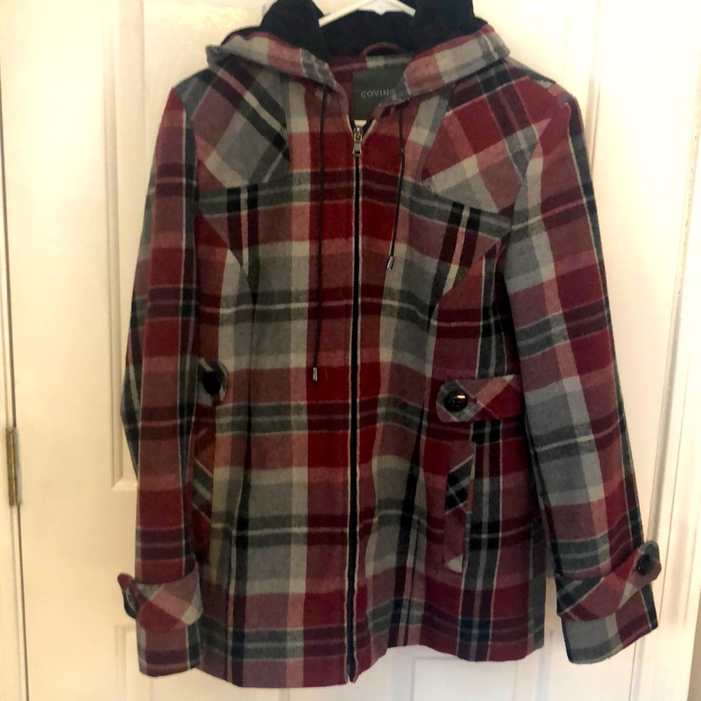 Red and grey plaid jacket